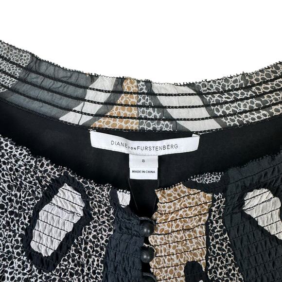 Diane Von Furstenberg DVF NWT Kelley Brown Black Printed 100% Silk Blouson Dress - Picture 12 of 15
